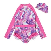 Girls Rash Guard Swimsuit Kids Toddler Long Sleeve Leaf Print Beach Swimwear Bathing Suit